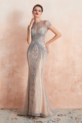 Mermaid Round Neck Long Corset Prom Dresses with Crystal Beading outfit, Prom Dress 2051