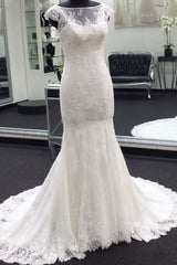 Classic Cap Sleeves White Illusion neck Lace Mermaid Corset Wedding Dress with Court Train Gowns, Wedding Dress Shaper