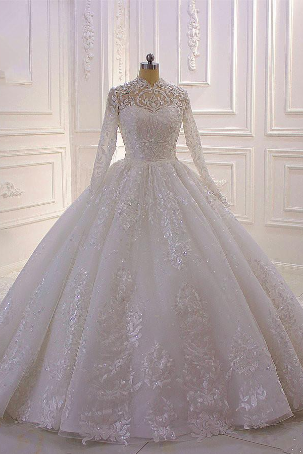 Classy Long A-line High Neck Appliques Lace Pearl Sequins Ruffles Corset Wedding Dress with Sleeves Gowns, Wedding Dress Price