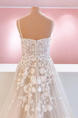 Classy Long A-Line Tulle Spaghetti Straps Appliques Lace Backless Corset Wedding Dress outfit, Wedding Dresses Romantic