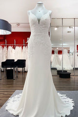 Classy Long Mermaid V-neck Satin Open Back Corset Wedding Dress with Lace Appliques Gowns, Wedding Dress Elegant Simple