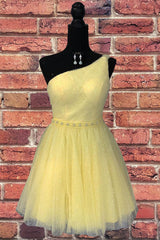 Classy Yellow One Shoulder Short Corset Formal Gown with Beading outfit, Prom Dress Beautiful