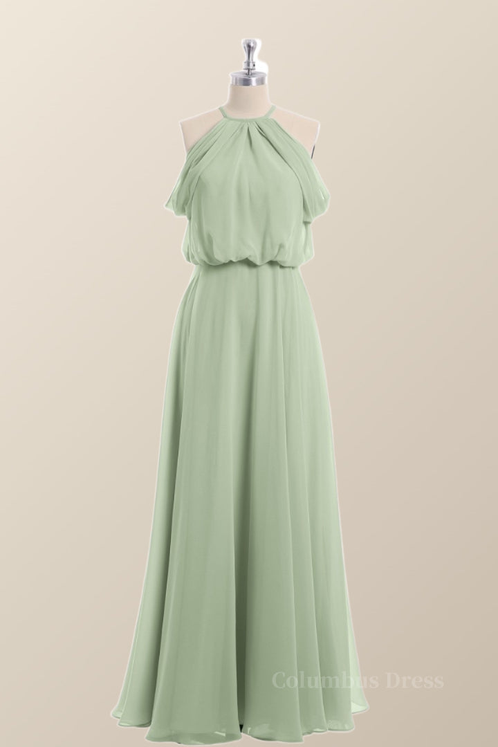 Cold Sleeve Sage Green Blouson Chiffon Long Corset Bridesmaid Dress outfit, Prom Dresses Red