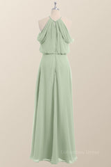Cold Sleeve Sage Green Blouson Chiffon Long Corset Bridesmaid Dress outfit, Prom Dress Online