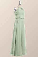 Cold Sleeve Sage Green Blouson Chiffon Long Corset Bridesmaid Dress outfit, Prom Dresses Floral