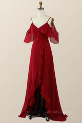Cold Sleeves Wine Red Ruffle Long Corset Bridesmaid Dress outfit, Fantasy Dress