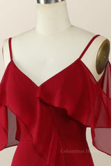 Cold Sleeves Wine Red Ruffle Long Corset Bridesmaid Dress outfit, Party Dress Beige