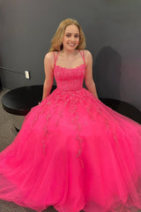 Coral A-Line Corset Prom Dress with Appliques Gowns, Coral A-Line Prom Dress with Appliques