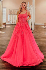 Coral A-Line Corset Prom Dress with Appliques Gowns, Coral A-Line Prom Dress with Appliques