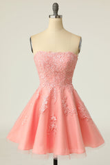 Coral Strapless A-line Appliques Short Corset Prom Dress outfits, Bridesmaid Dress Style