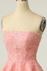 Coral Strapless A-line Appliques Short Corset Prom Dress outfits, Bridesmaid Dresses Styles