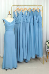Cowl Neck Blue Chiffon Sheath Long Corset Bridesmaid Dress outfit, Bridesmaids Dress Colors