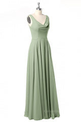 Cowl Neck Sage Green A-line Long Corset Bridesmaid Dresss outfit, Bridesmaids Dresses Long Sleeve