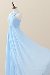 Cross Front Light Sky Blue Chiffon Long Corset Bridesmaid Dress outfit, Homecoming Dresses Tight Short