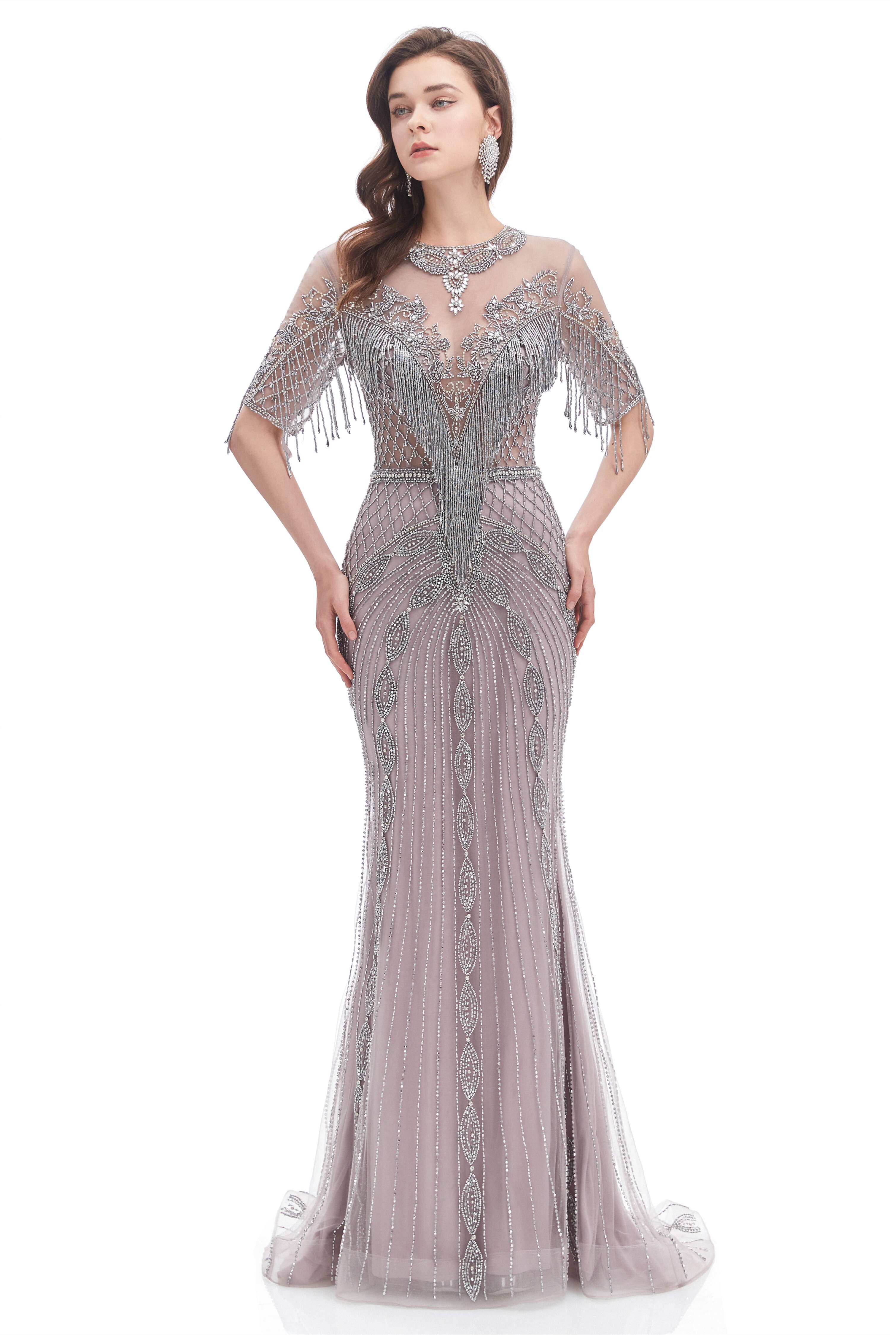 Crystal Tassel Mermaid O Neck Short Sleeves Corset Prom Dresses outfit, Evening Dresses Elegant