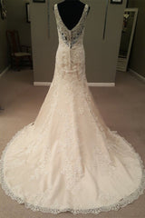 Mermaid Long Champagne Bridal Dress with Lace Outfits, Party Dresses Cheap