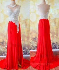 Custom Made A Line V Neck Backless Sequins Red Corset Prom Dresses, Red Evening Dresses outfit, Bridesmaid Dress Trends