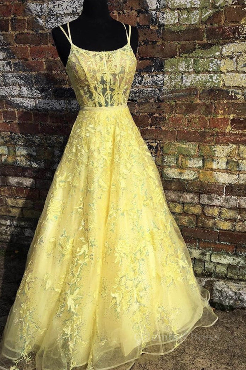 Custom Made Backless Yellow Lace Floral Long Corset Prom Dress, Yellow Lace Corset Formal Graduation Evening Dress outfit, Evening Dress Shop