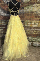 Custom Made Backless Yellow Lace Floral Long Corset Prom Dress, Yellow Lace Corset Formal Graduation Evening Dress outfit, Evening Dresses Store