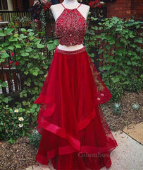 Custom Made Beaded Red Halter Two Piece Corset Prom Dresses ,Corset Formal Dresses outfit, Formal Dresses Long Gowns