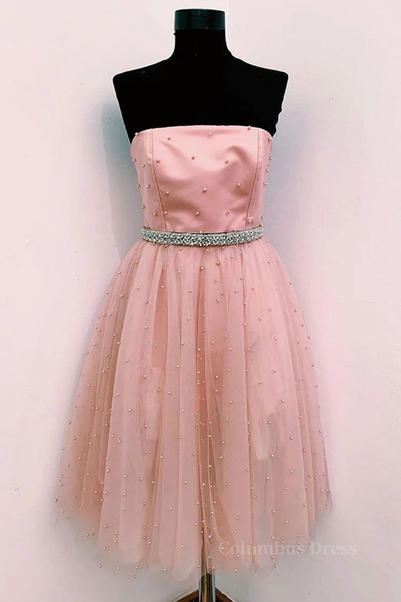 Cute A Line Strapless Beaded Pink Short Corset Prom Dress Corset Homecoming Dress, Strapless Pink Corset Formal Graduation Evening Dress outfit, Evening Dress Sleeves