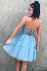 Cute A Line V Neck Light Blue Short Corset Homecoming Dress with Appliques Gowns, Cute A Line V Neck Light Blue Short Homecoming Dress with Appliques