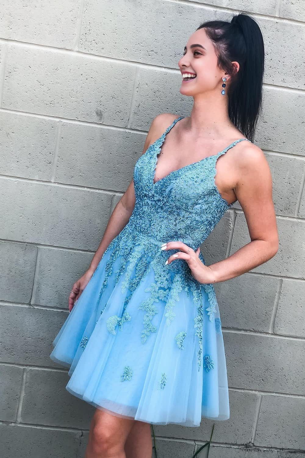 Cute A Line V Neck Light Blue Short Corset Homecoming Dress with Appliques Gowns, Cute A Line V Neck Light Blue Short Homecoming Dress with Appliques