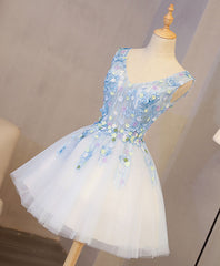 Cute Blue Lace Applique Short Corset Prom Dress, Corset Homecoming Dress outfit, Homecoming Dress Style