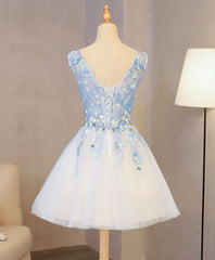 Cute Blue Lace Applique Short Corset Prom Dress, Corset Homecoming Dress outfit, Homecoming Dresses Style