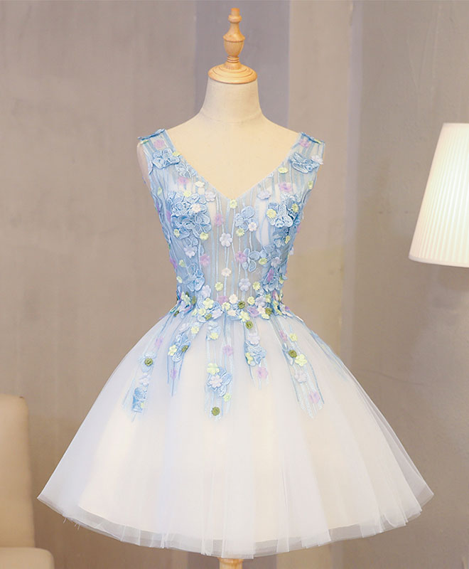 Cute Blue Lace Applique Short Corset Prom Dress, Corset Homecoming Dress outfit, Homecoming Dress Formal