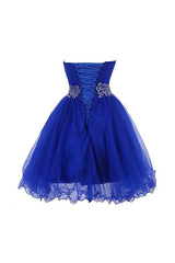 Cute Blue Sweetheart Tulle Cocktail Dress Corset Homecoming Dress With Beading, Short Corset Prom Dress outfits, Bridesmaid Gown