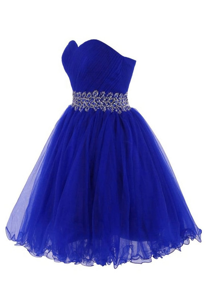 Cute Blue Sweetheart Tulle Cocktail Dress Corset Homecoming Dress With Beading, Short Corset Prom Dress outfits, Casual Gown