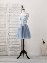 Cute Blue V Neck Tulle Lace Applique Short Corset Prom Dress, Blue Corset Homecoming Dress outfit, Dress