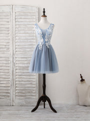 Cute Blue V Neck Tulle Lace Applique Short Corset Prom Dress, Blue Corset Homecoming Dress outfit, Prom Dresses Gold