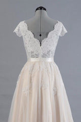 Cute Cap Sleeve V-neck Lace Tulle Corset Wedding Dress outfit, Wedding Dresses For Beach Wedding