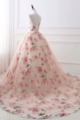 Cute Floral Long Corset Prom Dress with Lace, A-Line Scoop Neckline Party Dress Outfits, Prom Dress 2030