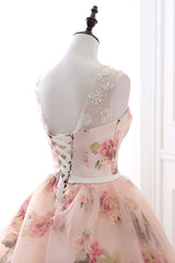 Cute Floral Long Corset Prom Dress with Lace, A-Line Scoop Neckline Party Dress Outfits, Prom Dress Idea