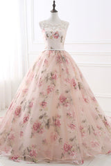 Cute Floral Long Corset Prom Dress with Lace, A-Line Scoop Neckline Party Dress Outfits, Prom Dress Near Me