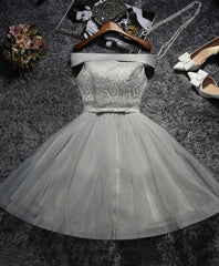 Cute Gray Lace Tulle Short Corset Prom Dress, Gray Corset Homecoming Dress outfit, Formal Dresses Long Sleeved