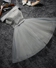 Cute Gray Lace Tulle Short Corset Prom Dress, Gray Corset Homecoming Dress outfit, Formal Dress Long Sleeved