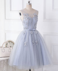 Cute Gray Round Neck Lace Tulle Short Corset Prom Dress, Corset Homecoming Dress outfit, Evening Dress Long Elegant