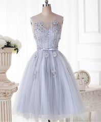 Cute Gray Round Neck Lace Tulle Short Corset Prom Dress, Corset Homecoming Dress outfit, Evening Dresses 2036