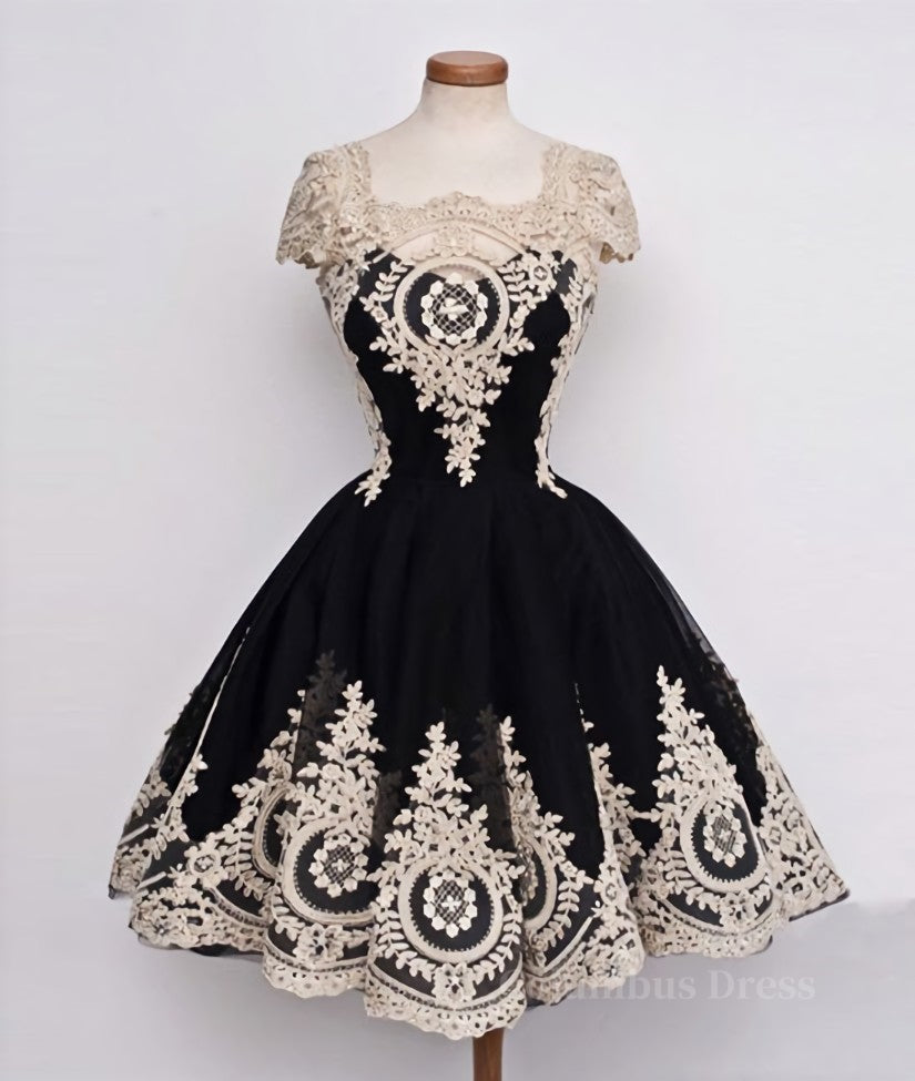 Cute Lace Applique Black Short Corset Prom Dresses, Lace Applique Corset Homecoming Dresses outfit, Bridesmaid Dresses Color
