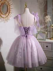 Cute Lavender Tulle Short Corset Prom Dress, Lavender Corset Homecoming Dress 2024 Gowns, Evening Dress V Neck