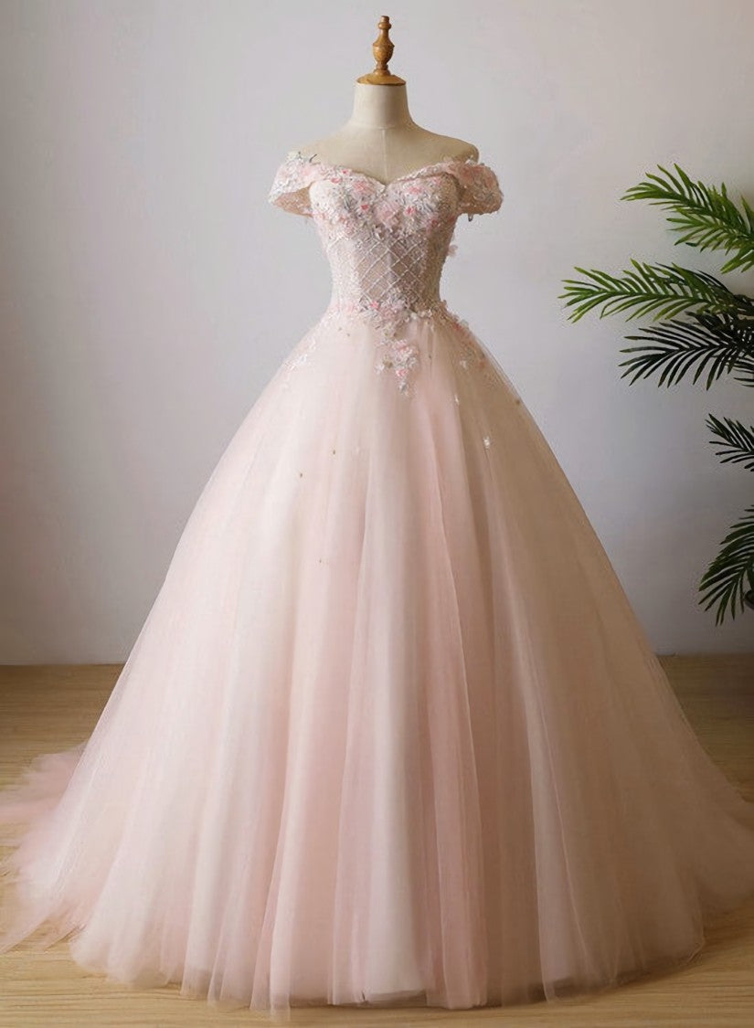 Cute Light Pink Tulle Flowers Off Shoulder Party Dress, Sweet 16 Gown outfit, Glam Dress