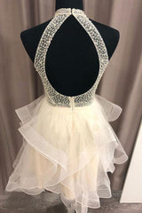 Cute Open Back Champagne Beaded Short Corset Prom Dress, Fluffy Champagne Beaded Corset Homecoming Dress outfit, Beach Wedding