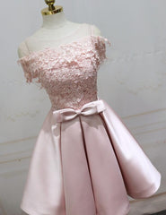 Cute Pink Satin Short Corset Prom Dress , Lovely Party Dress Outfits, Formal Dresses With Sleeve