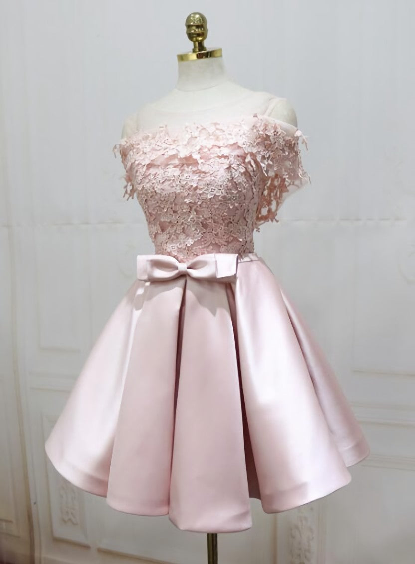 Cute Pink Satin Short Corset Prom Dress , Lovely Party Dress Outfits, Formal Dress With Sleeve