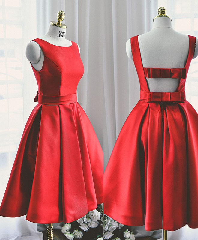 Cute Red A Line Satin Short Corset Prom Dress, Backless Red Corset Homecoming Dresses outfit, Evenning Dress For Wedding Guest