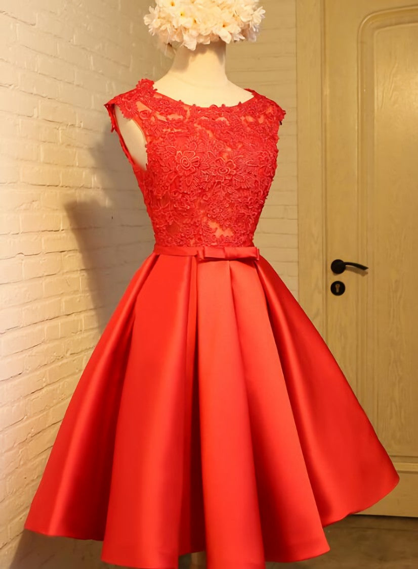 Cute Red Corset Homecoming Dress, Round Neckline Lace and Satin Party Dress Outfits, Homecoming Dresses Simpl